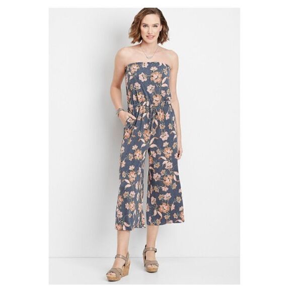 Floral Tube Top Jumpsuit Tie Waist Crop Leg Navy XS (1o1) - Picture 1 of 9